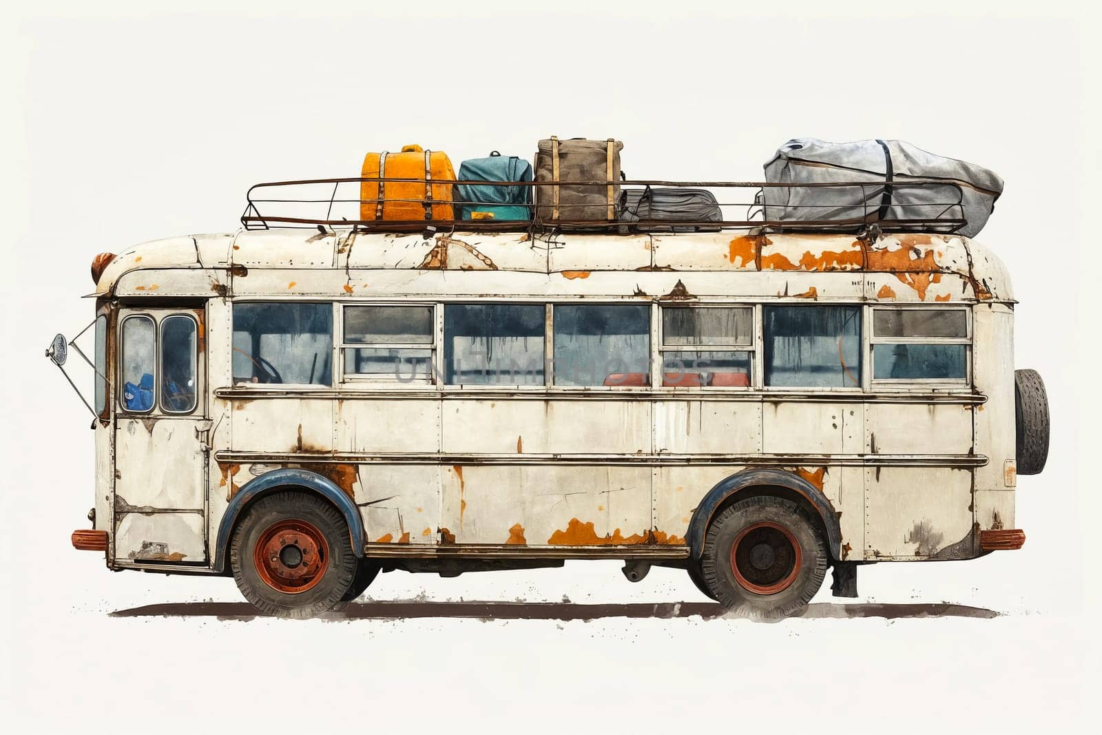 A bus with luggage on top of it. The luggage is mostly black and white. The bus is old and rusty. Generative AI