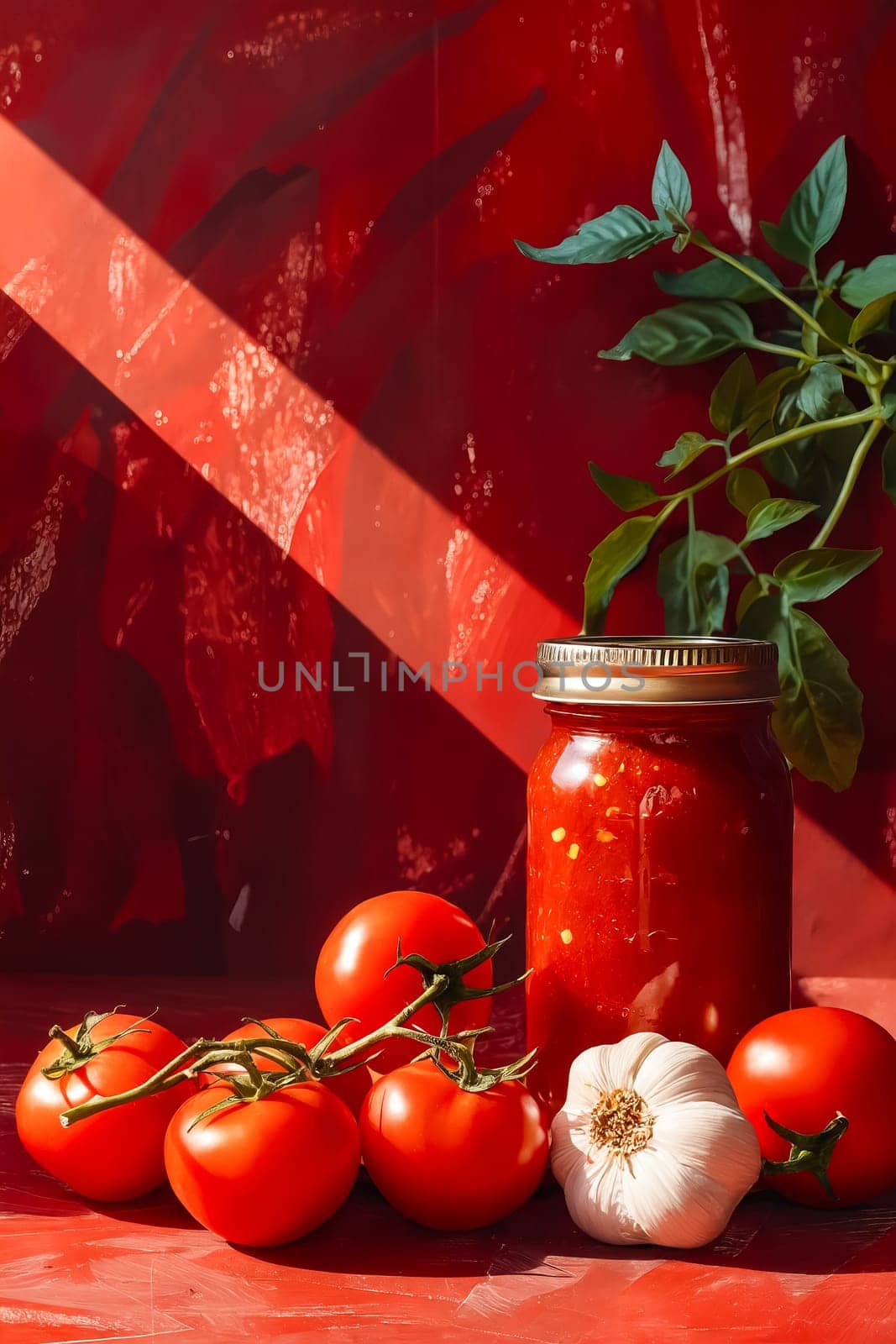 A jar of tomato sauce sits on a table with several tomatoes and garlic. The jar is half full and the tomatoes are arranged in a pile. Concept of warmth and comfort. Generative AI