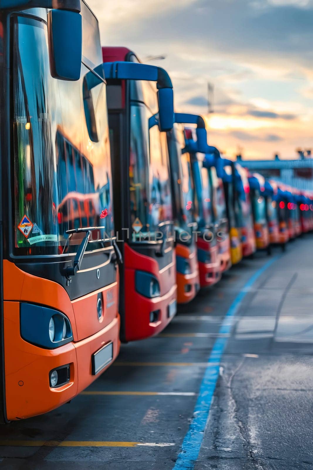 A row of buses are parked in a lot. The buses are all different colors, including orange, red, and yellow. The scene is calm and peaceful, with the buses lined up neatly in rows. Generative AI
