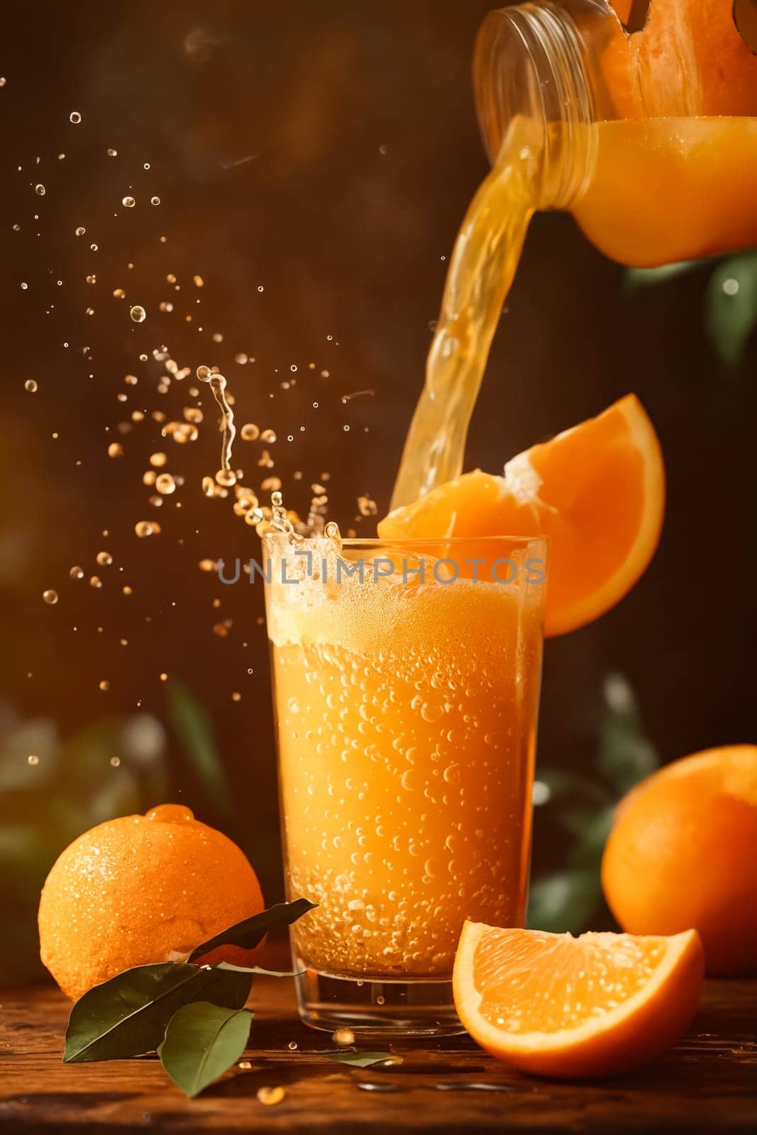 A glass of orange juice is poured into a glass with a slice of orange on top. Generative AI