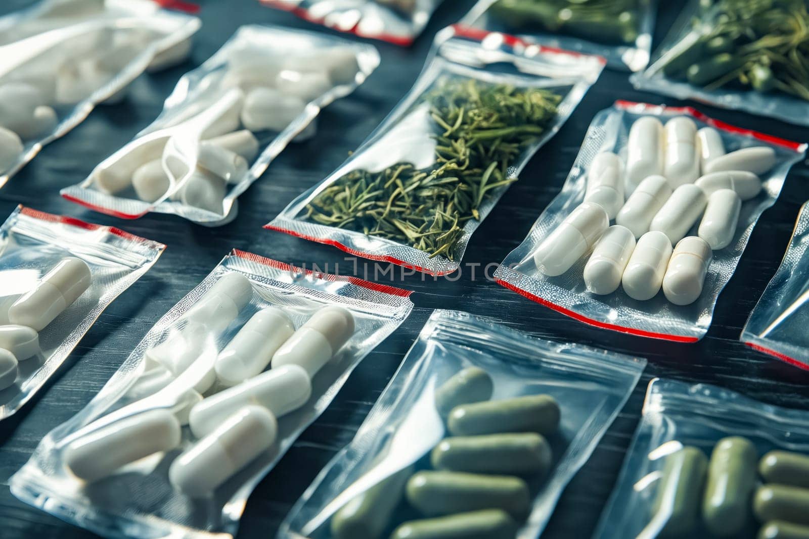 A bunch of pills and herbs are in plastic bags. Generative AI