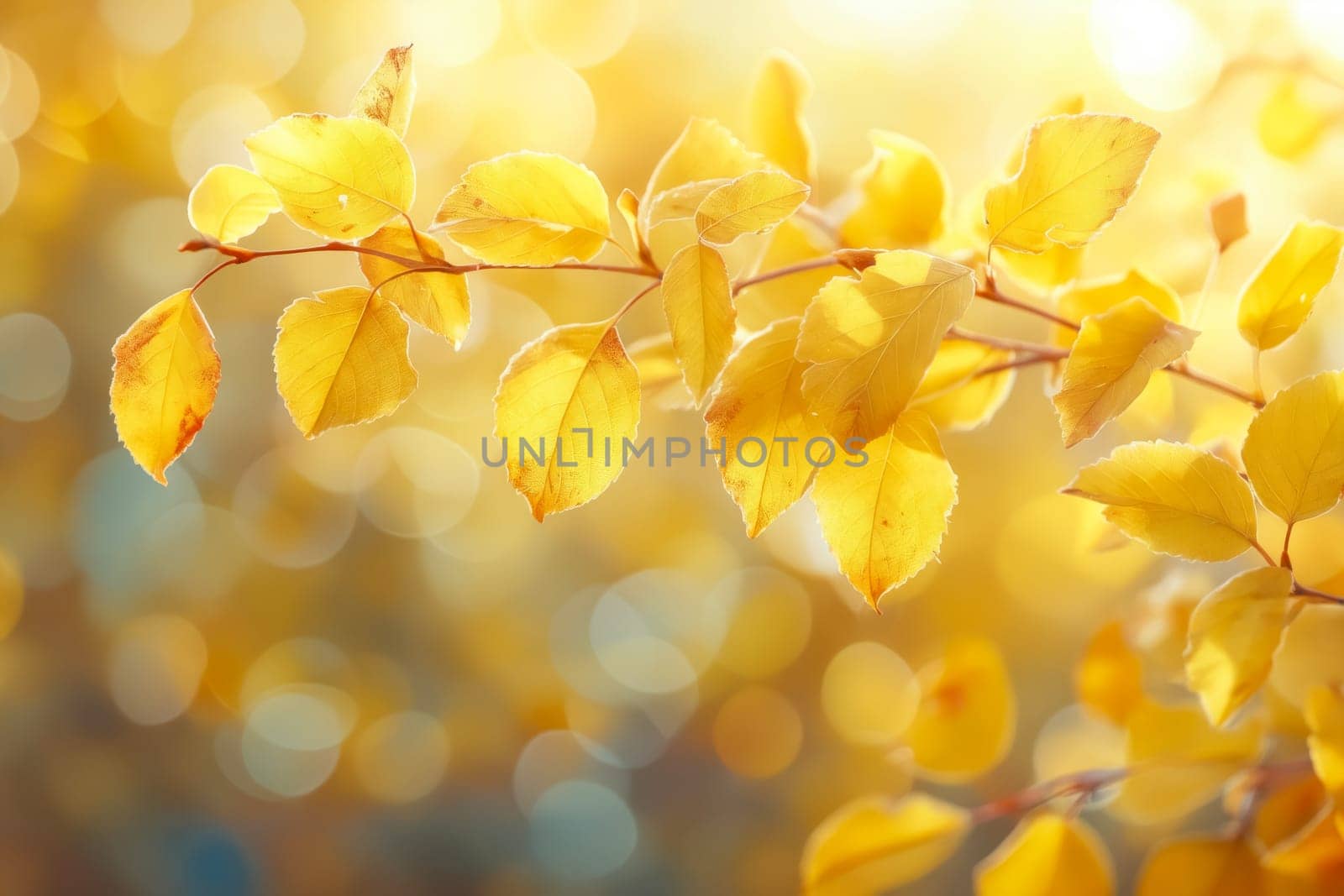 A branch of yellow leaves with a few drops of water on them. The leaves are in the sun and the light is shining on them. Generative AI