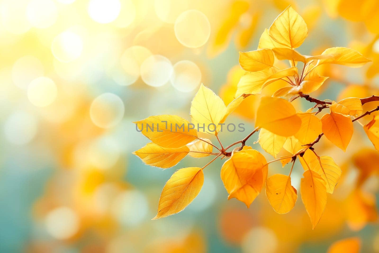 A leafy branch with yellow leaves is in the foreground. The leaves are bright and vibrant, and the background is a blue sky. Concept of warmth and happiness. Generative AI