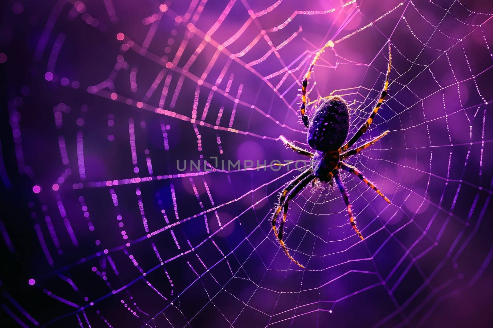 A spider is sitting in the center of a purple web. Generative AI