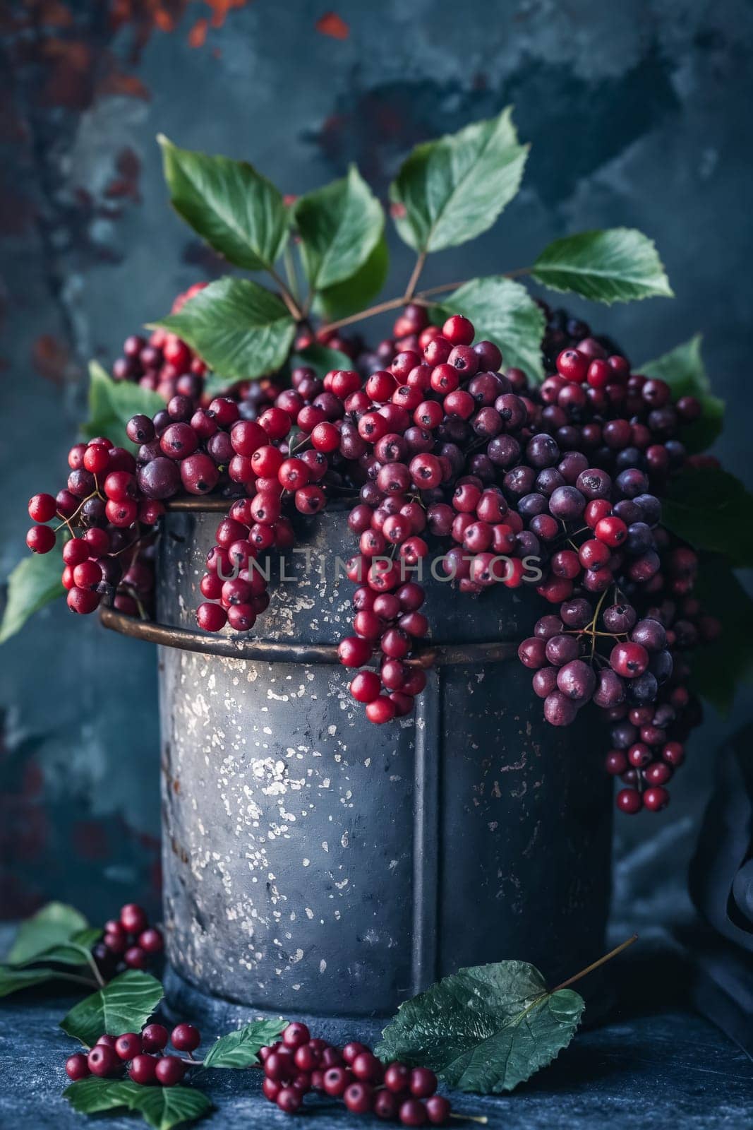 A metal bucket filled with red grapes. The grapes are in various stages of ripeness, with some still green and others fully red. The bucket is placed on a table. Generative AI