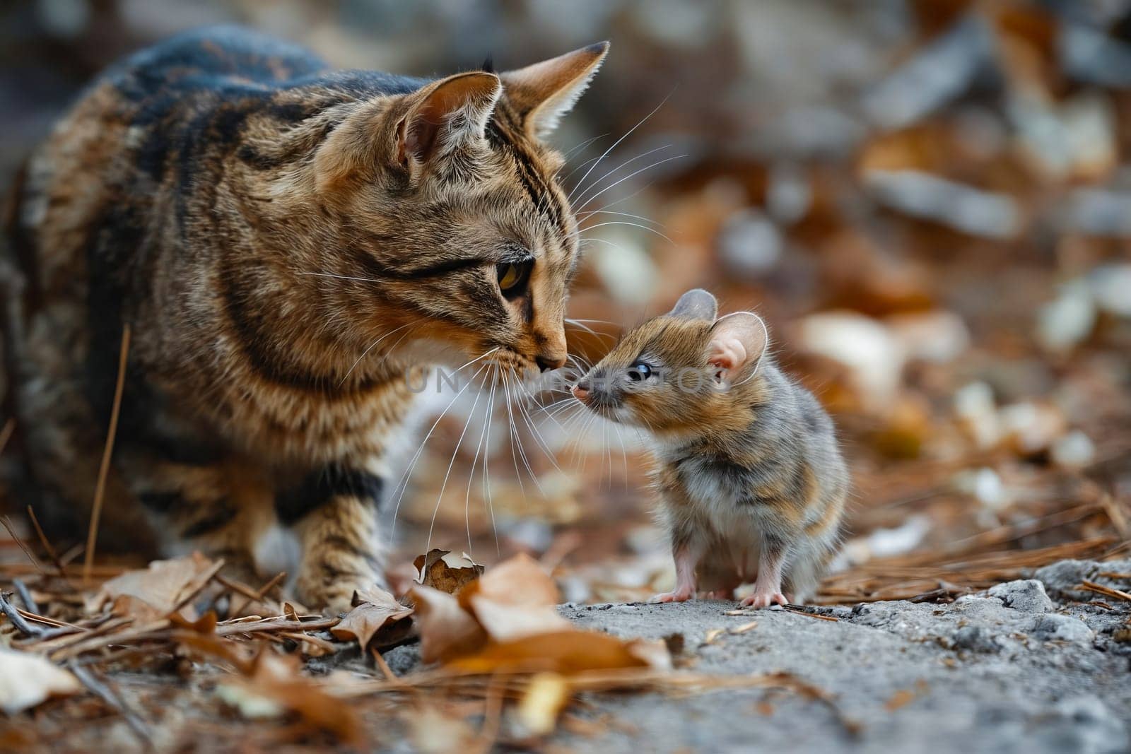 A cat and a mouse are standing next to each other. Generative AI