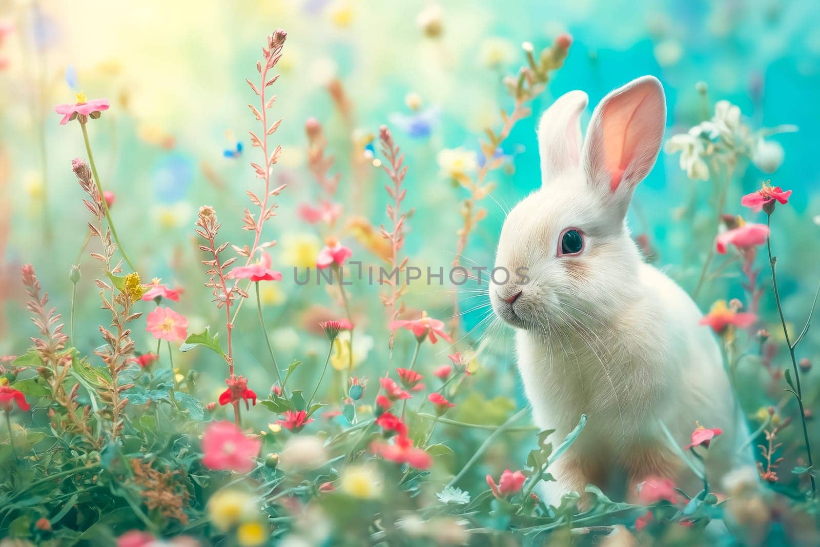 A white rabbit is standing in a field of flowers. The rabbit is looking at the camera and he is curious. The scene is bright and colorful, with a mix of different flowers and plants. Generative AI