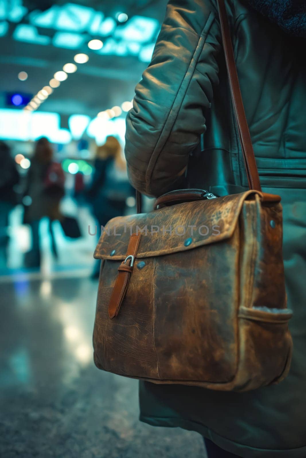 A woman is holding a leather briefcase in a busy airport. The scene is bustling with people and luggage, creating a sense of urgency and movement. Generative AI