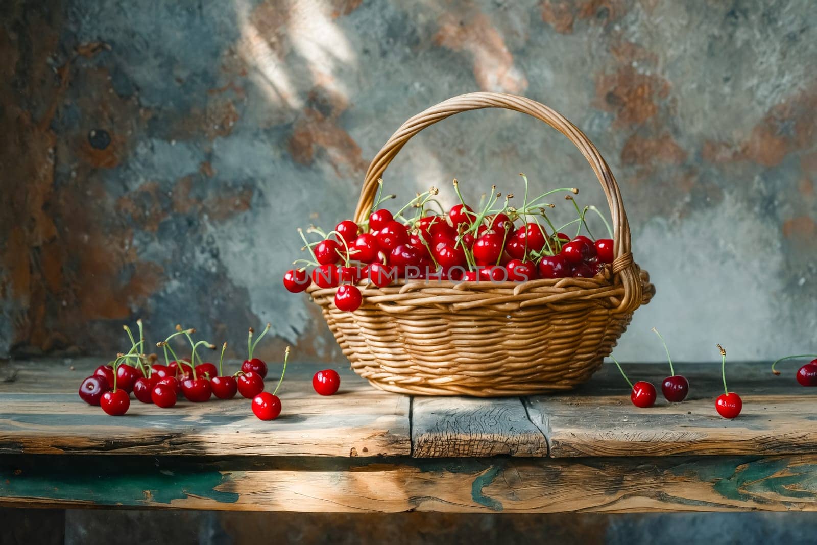 A basket of red cherries sits on a wooden table. The cherries are ripe and ready to be eaten. The basket is overflowing with cherries, and there are a few that have fallen out of the basket. Generative AI
