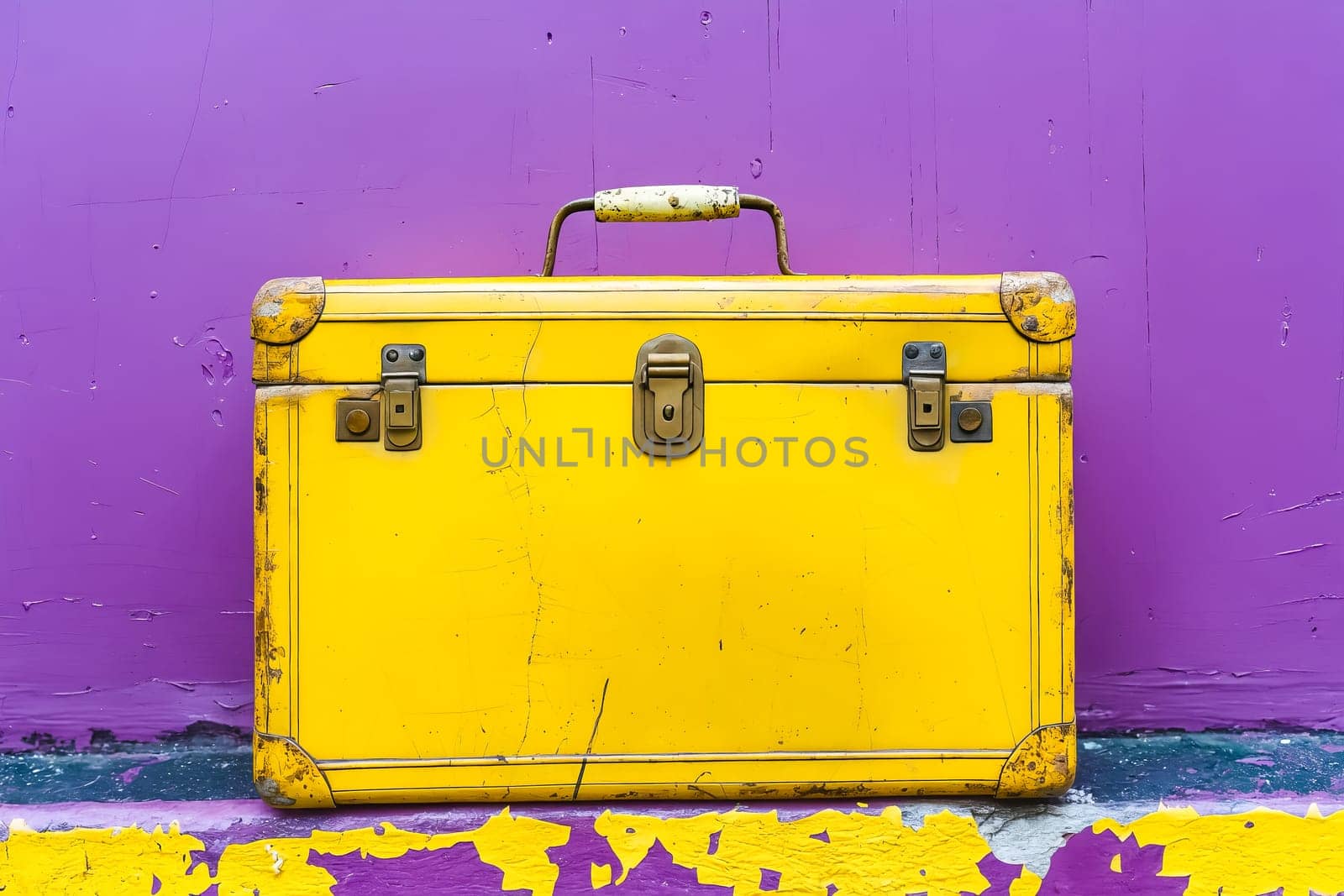 A yellow suitcase is sitting on a purple wall. The suitcase is old and has a worn appearance. The purple wall adds a sense of color and contrast to the scene. The image conveys a feeling of nostalgia. Generative AI