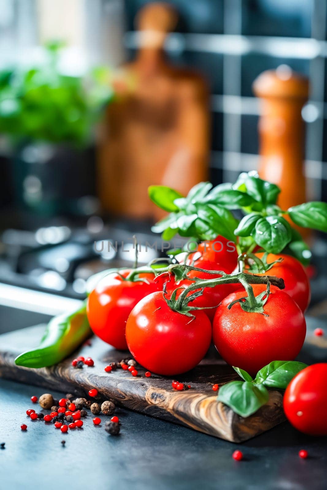 A bunch of ripe red tomatoes are on a wooden cutting board. The tomatoes are surrounded by a variety of spices, including black pepper, red pepper flakes, and basil. Concept of freshness and abundance. Generative AI