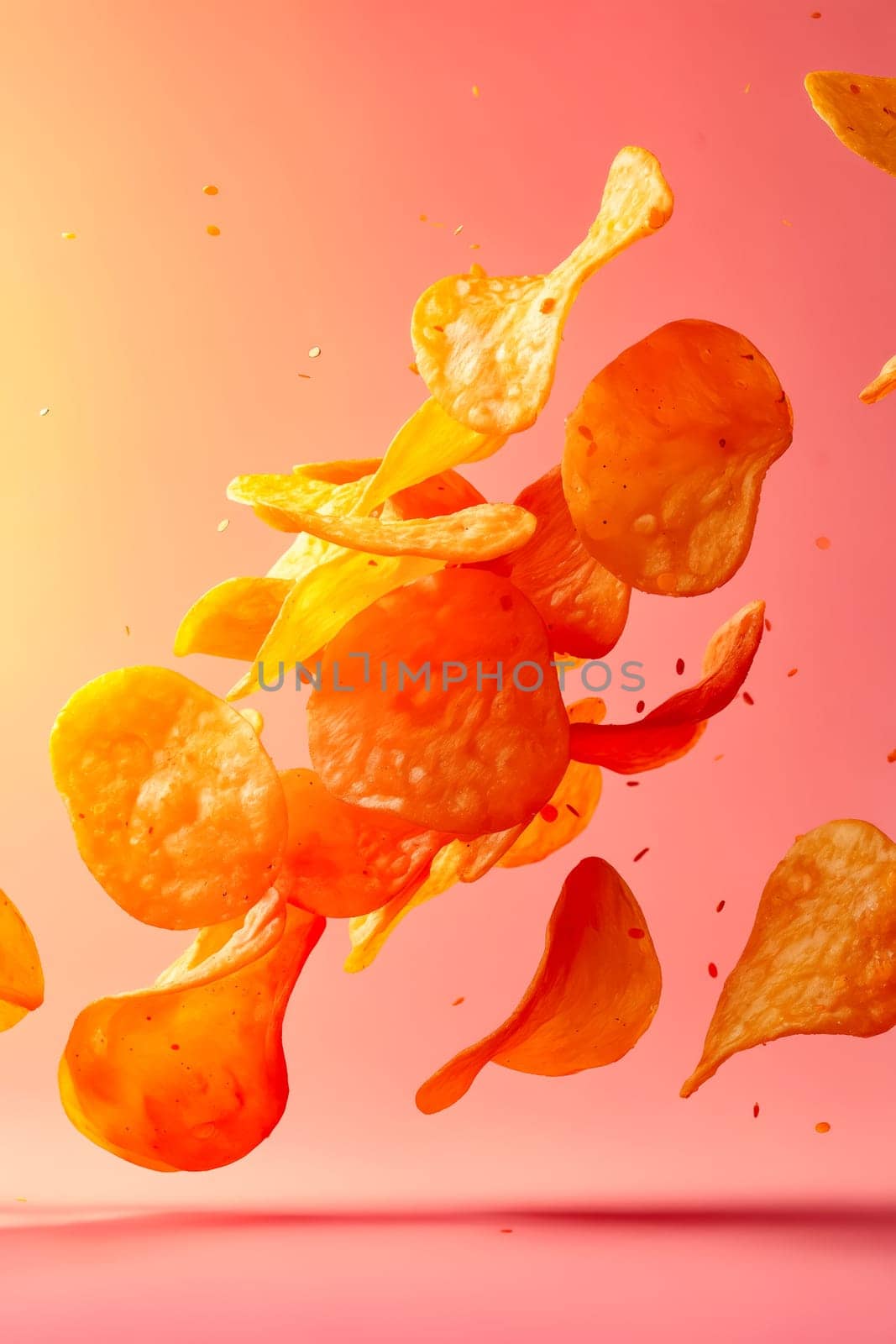 A close up of a pile of potato chips with a pink background. The chips are flying through the air, creating a sense of motion and excitement. The image conveys a feeling of indulgence and enjoyment. Generative AI