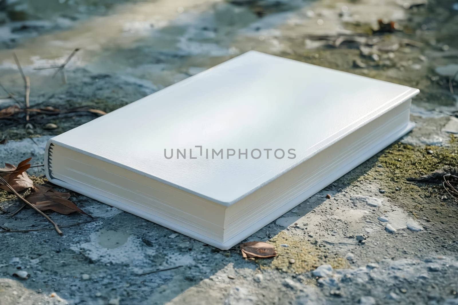 A white book with a leather cover sits on a rock. The book is open to a page with a picture of a tree. Scene is calm and peaceful, as the book is placed on a natural surface. Generative AI