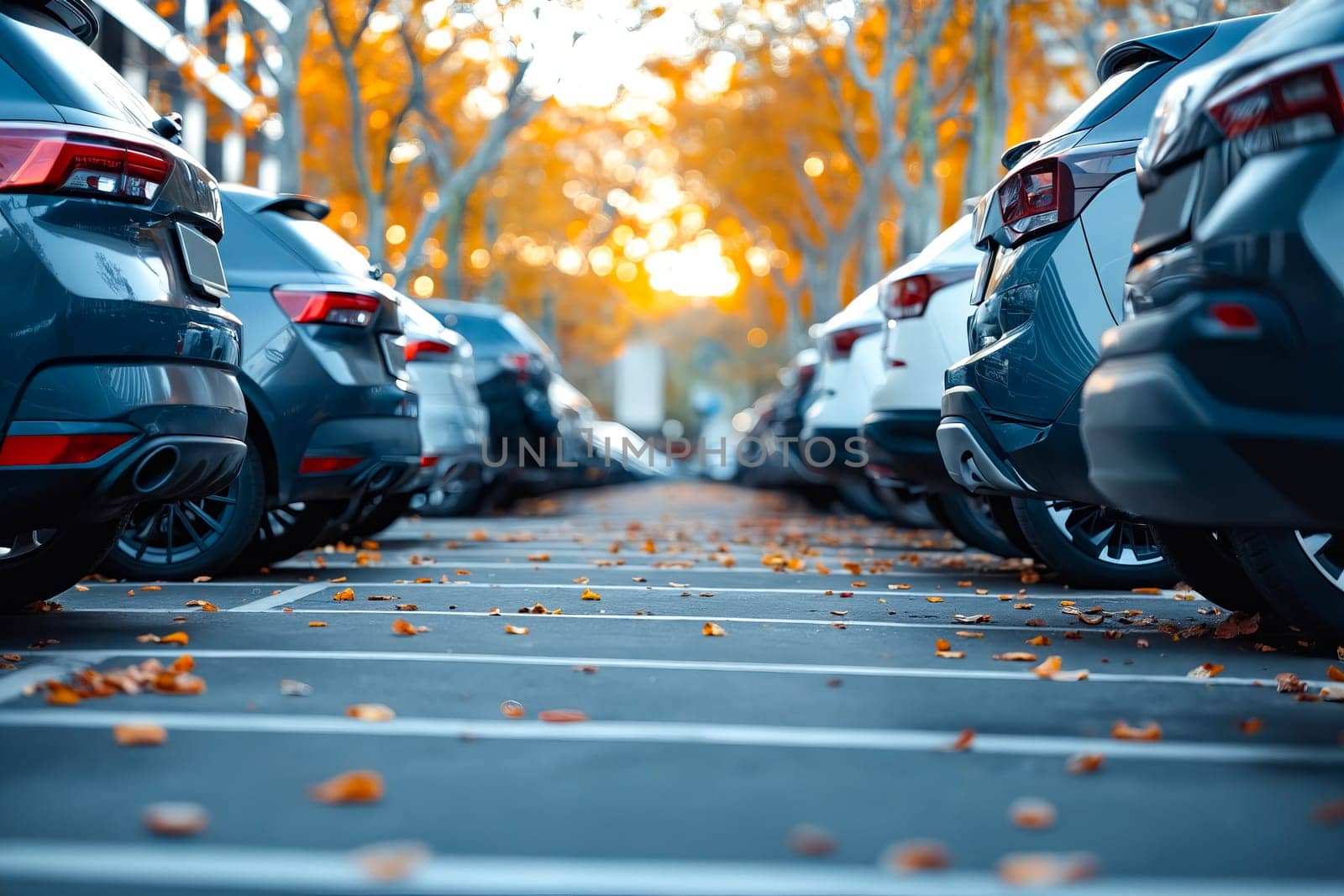 A row of cars are parked in a parking lot with leaves on the ground. The cars are of different sizes and colors, and they are all parked in neat rows. The scene gives off a sense of order. Generative AI