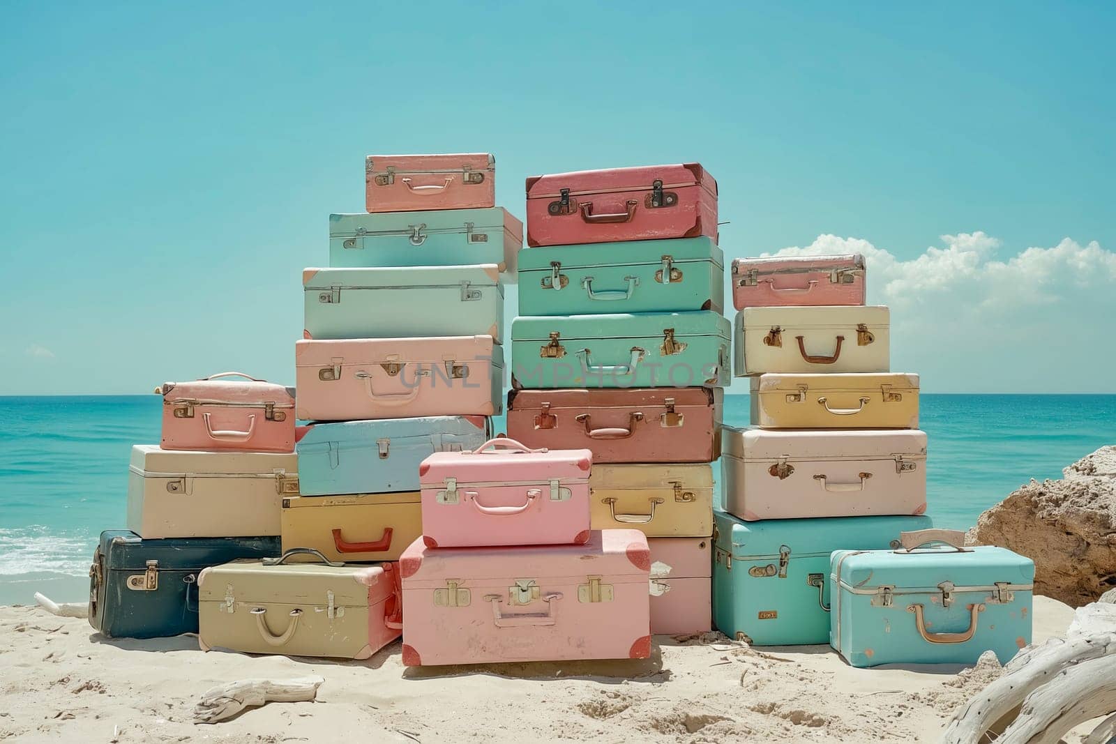 A pile of colorful suitcases on a beach. The suitcases are of different colors and sizes, and they are stacked on top of each other. Concept of adventure and travel. Generative AI