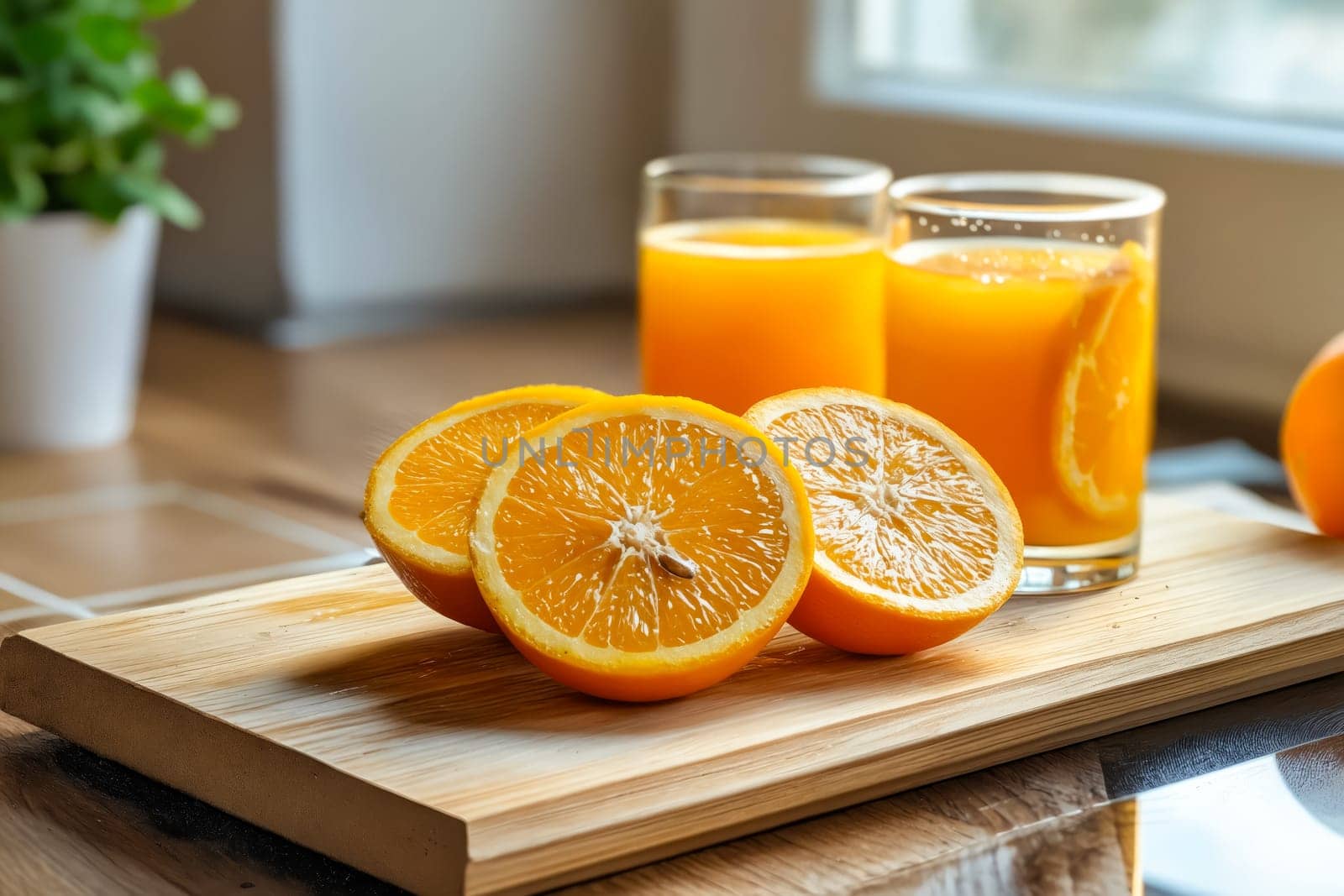 A glass of orange juice is on a wooden table with a few slices of orange. The juice is poured into two glasses, one of which is almost full. The oranges are cut into slices and arranged on the table. Generative AI