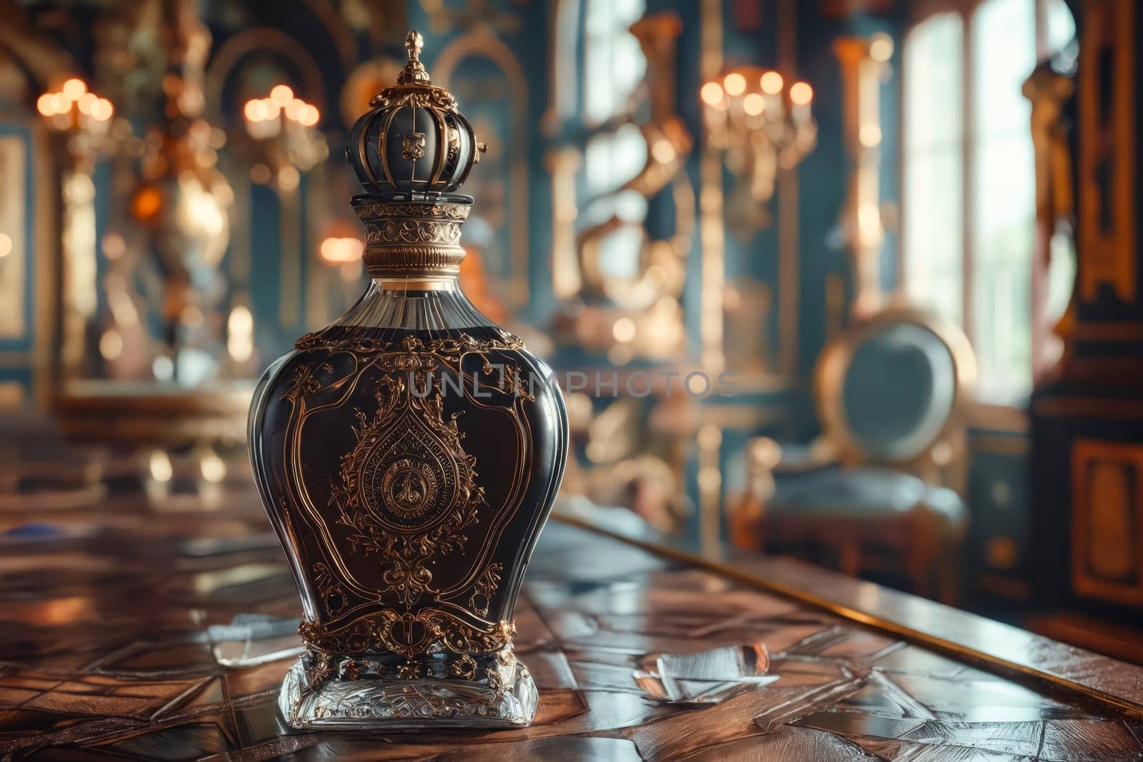 A bottle of perfume sits on a table in a room with gold accents. The bottle is ornate and has a crown on top. Generative AI