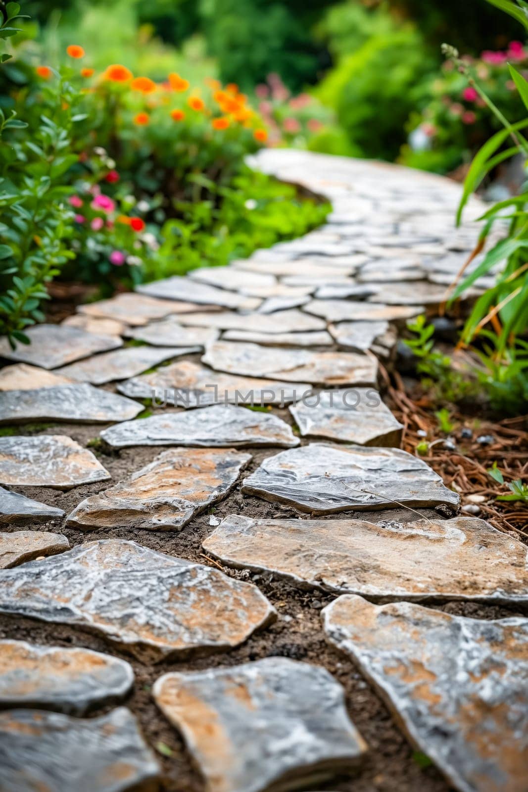 A stone walkway with a path of stones leading to a garden. The walkway is surrounded by a variety of flowers and plants, creating a peaceful and serene atmosphere. Generative AI