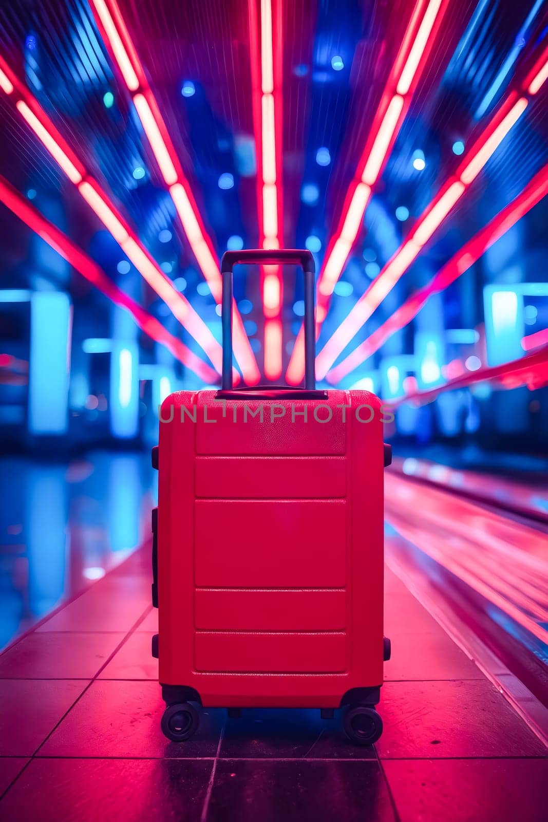 A red suitcase is sitting on a tiled floor in front of a bright red wall. The suitcase is open and the handle is visible. The scene has a vibrant and energetic feel, with the bright red wall. Generative AI