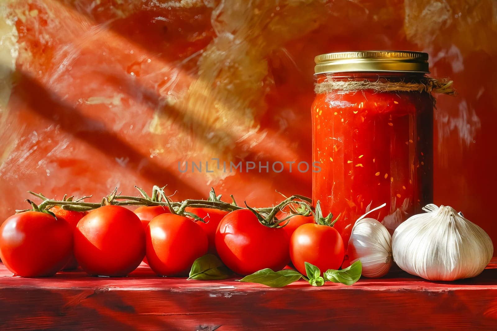 A jar of tomato sauce sits on a table next to a bunch of tomatoes and garlic. The jar is full and the tomatoes are ripe and ready to be eaten. Generative AI