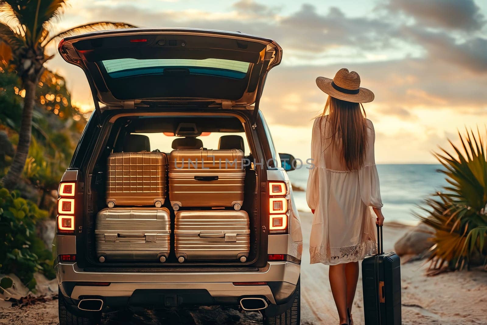 A woman is standing in front of a car with a suitcase and a hat on. The car is full of luggage, and the woman is ready to go on a trip. The scene has a relaxed and adventurous mood. Generative AI