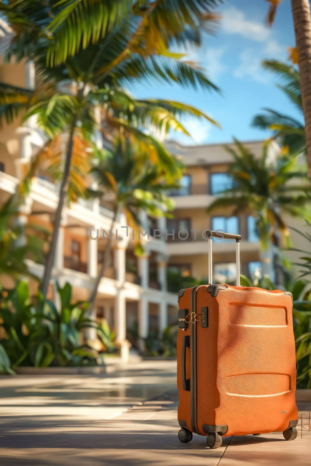 A large orange suitcase is sitting on the ground in front of a building. The suitcase is open and the handle is visible. The scene is set in a tropical location, with palm trees in the background. Generative AI