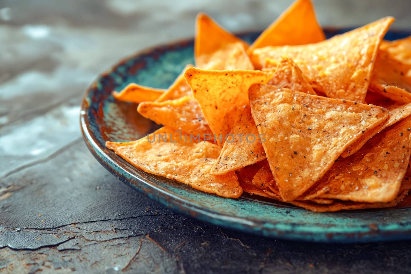 A plate of tortilla chips is on a table. The chips are orange and have a spicy flavor. Generative AI