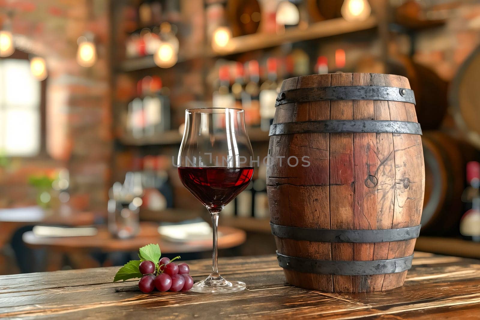 A wine glass with a red wine sits on a wooden table next to a barrel. The scene is set in a bar or a restaurant, with a wooden table. Generative AI