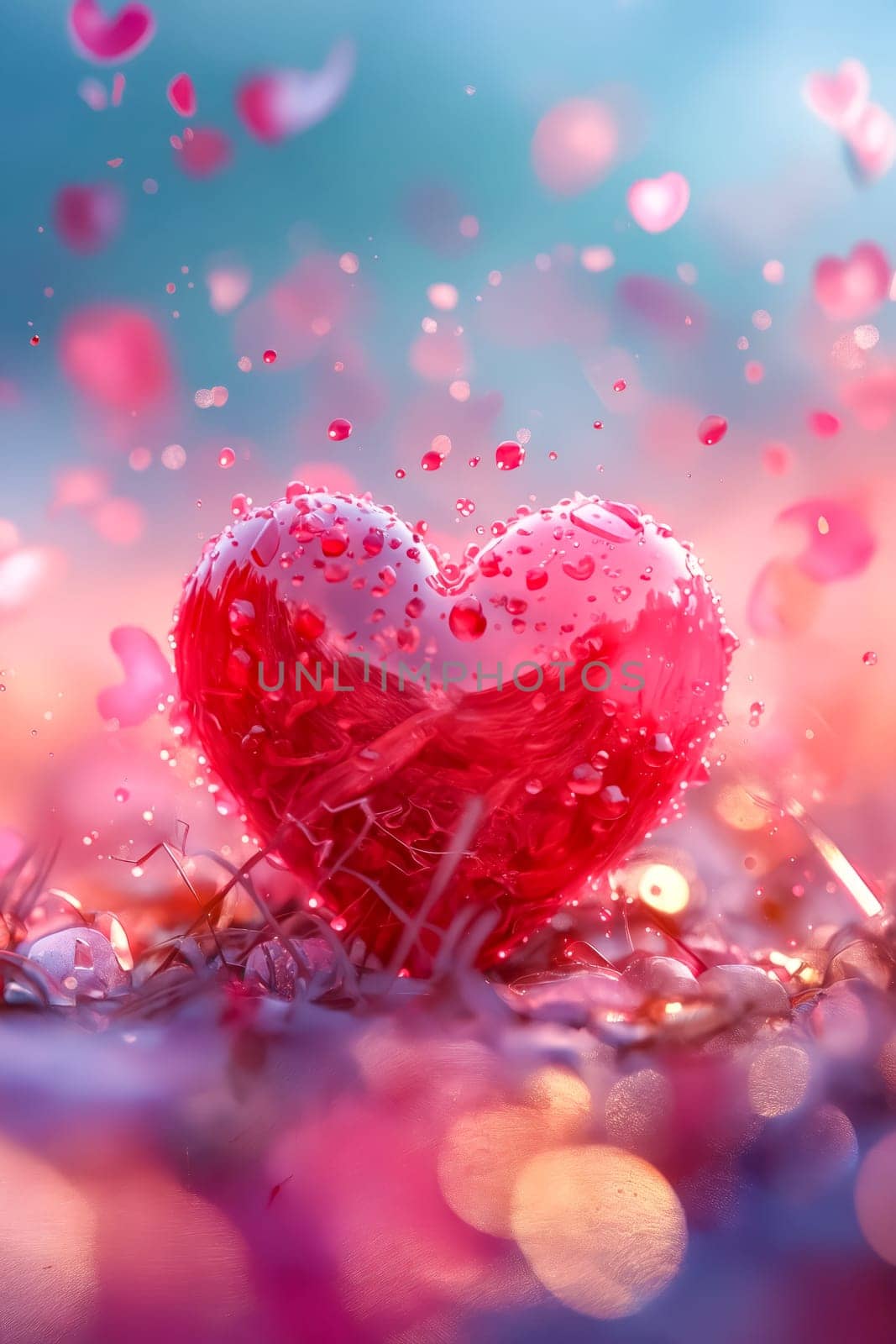 A heart is surrounded by pink flowers and is partially covered in water. The image has a romantic and dreamy feel to it. Generative AI