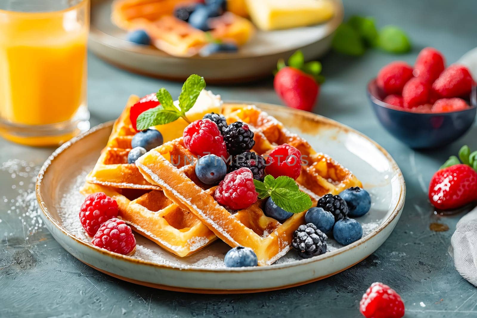 A plate of waffles with blueberries and raspberries on top. The plate is set on a table with a glass of orange juice. Generative AI