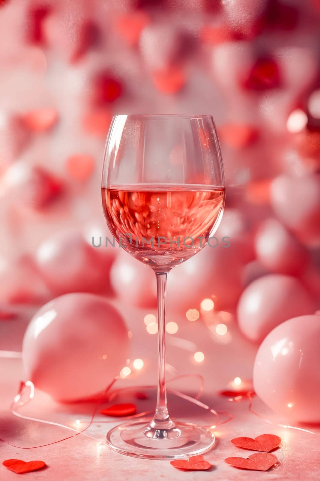 A glass of wine is sitting on a table with pink balloons and heart-shaped confetti. Concept of celebration and romance, as the wine glass and balloons are often associated with Valentine's Day. Generative AI