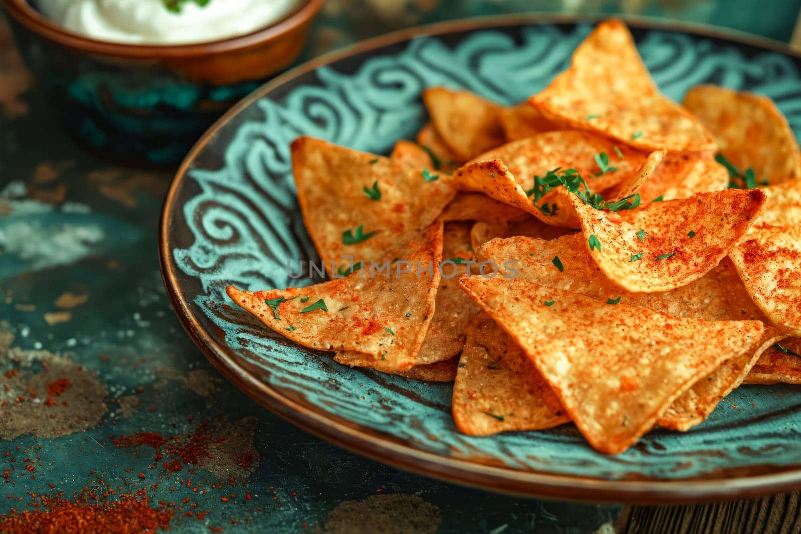 A plate of tortilla chips with a side of guacamole. The chips are arranged in a triangular pattern on the plate. Generative AI