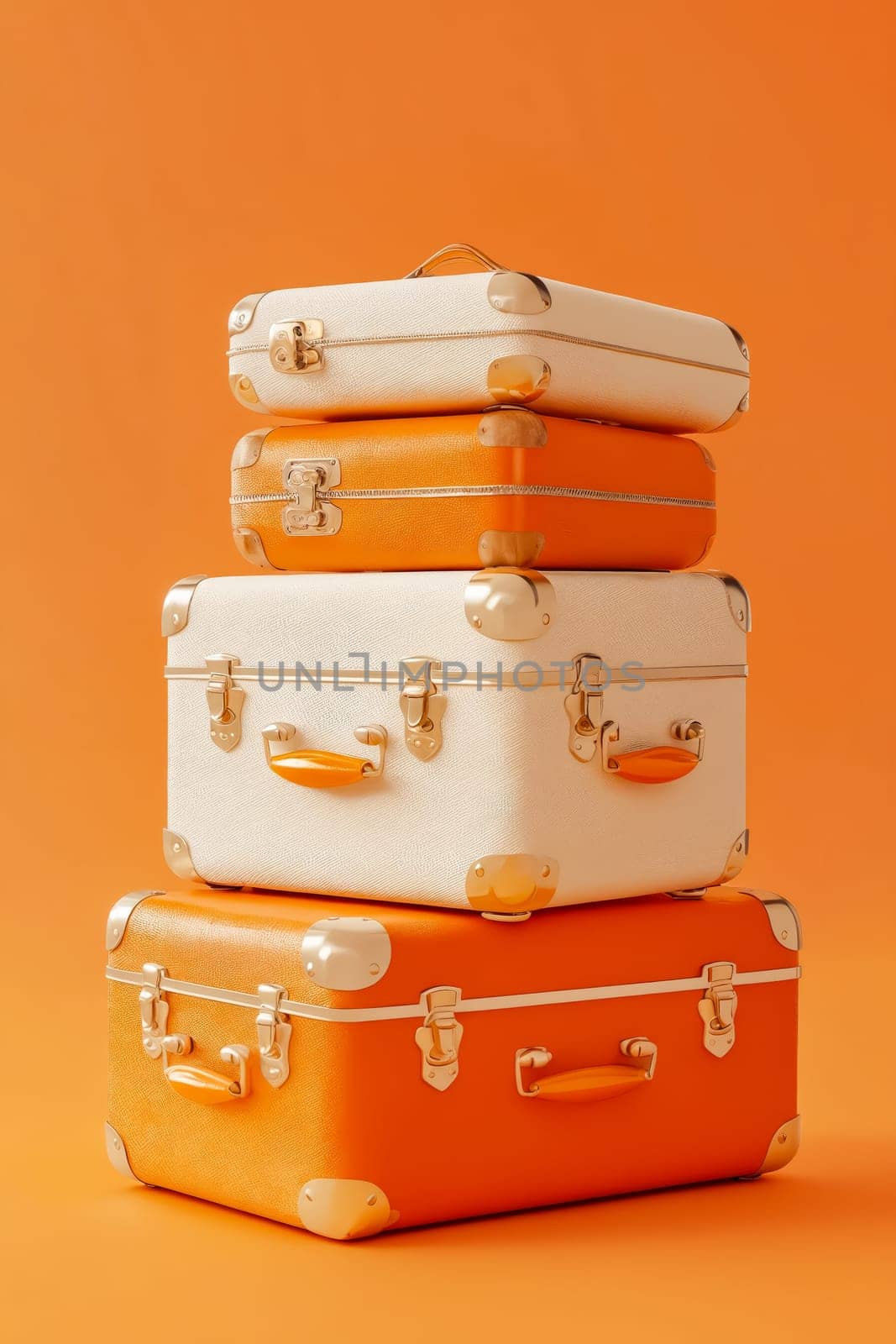 Three suitcases stacked on top of each other, one of which is orange and the other two are white. Generative AI