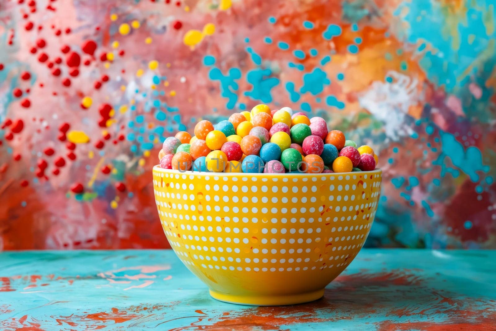 A bowl of colorful candies sits on a table. The bowl is yellow and has a polka dot pattern. The candies are of various colors and sizes, and they are scattered throughout the bowl. Generative AI