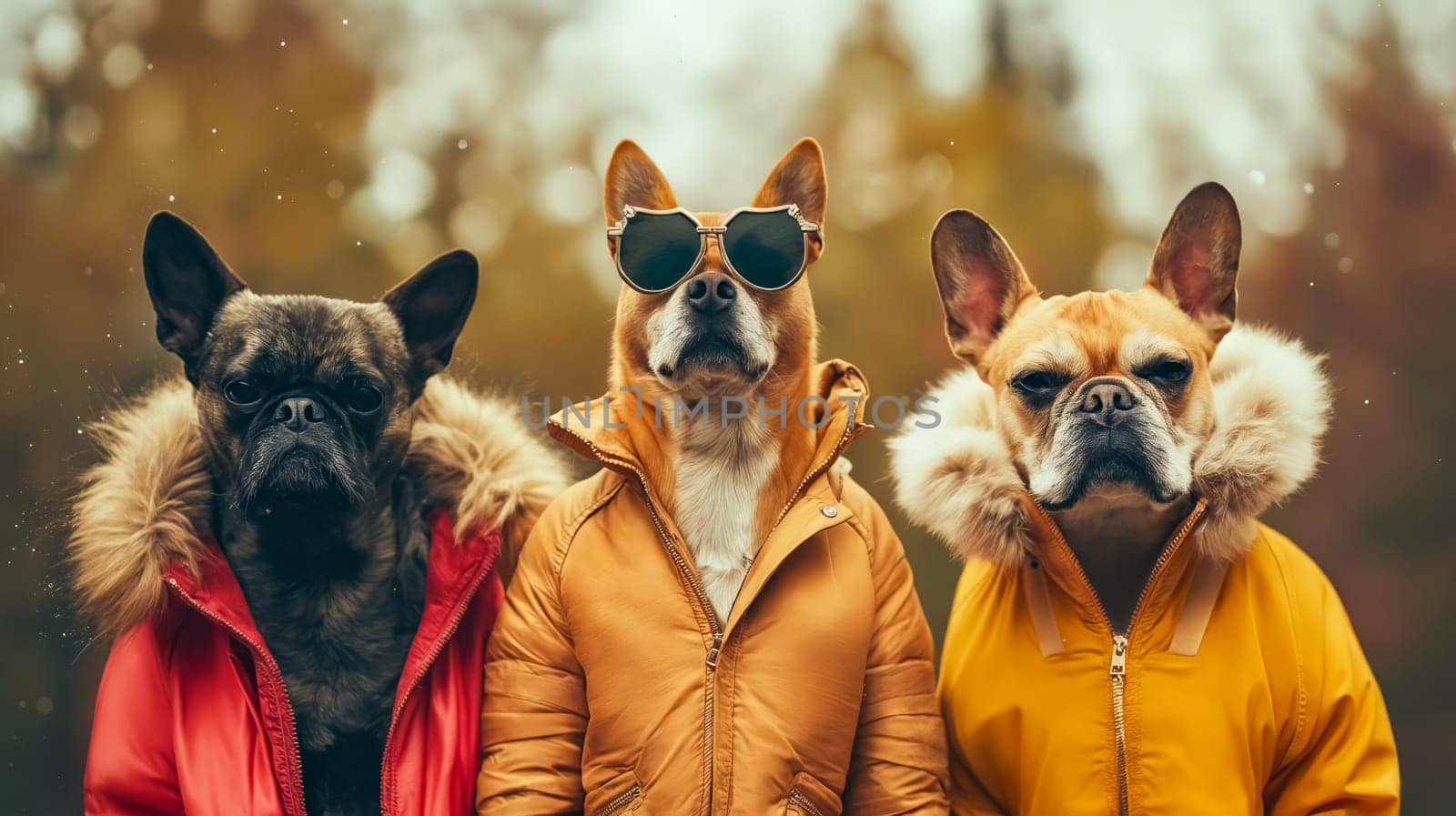 Three dogs wearing jackets and sunglasses pose for a photo. The dogs are wearing different colored jackets and sunglasses, and they appear to be enjoying the photo. Scene is lighthearted and fun. Generative AI