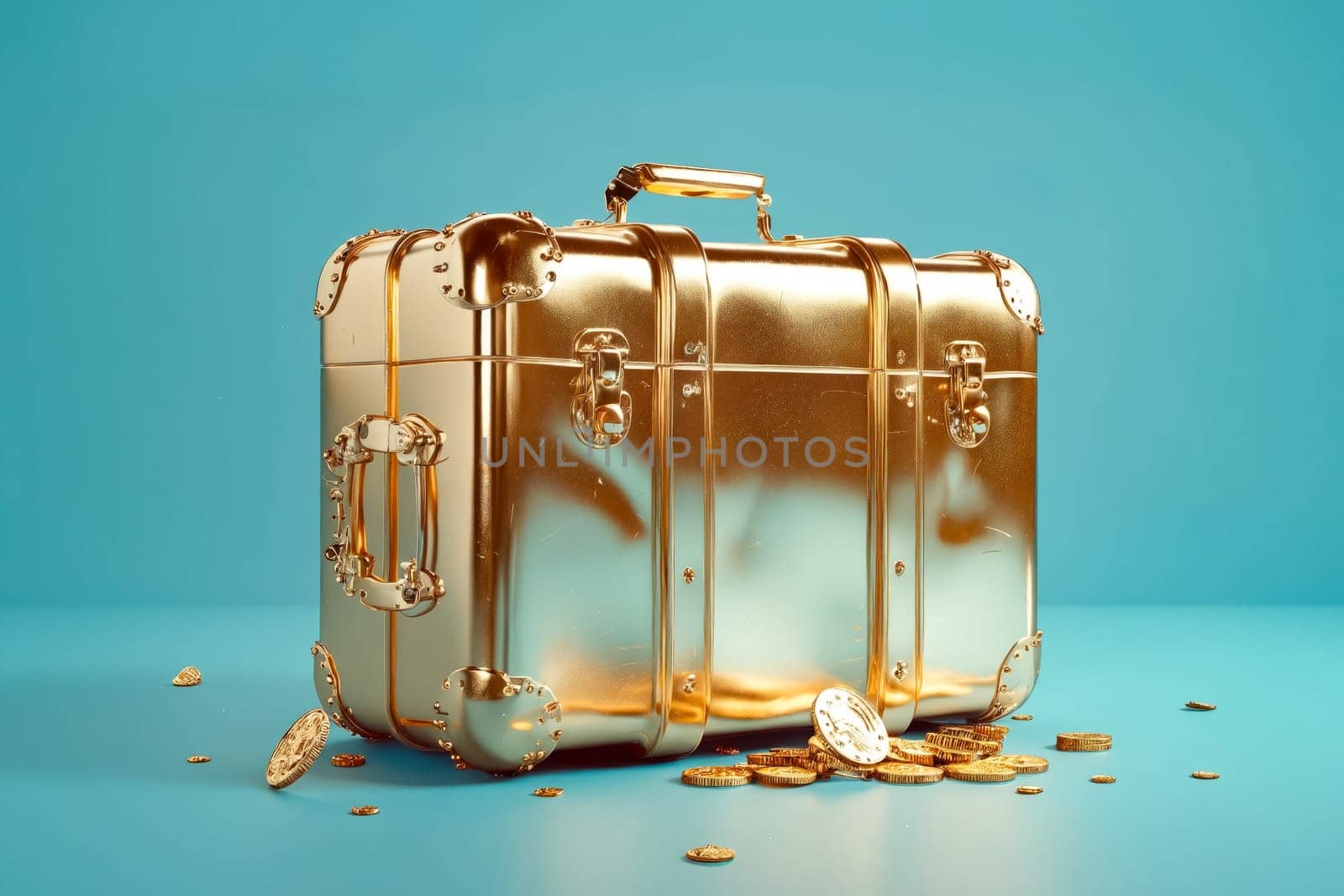 A gold suitcase with a pile of gold coins on the ground. Generative AI by Valentyn