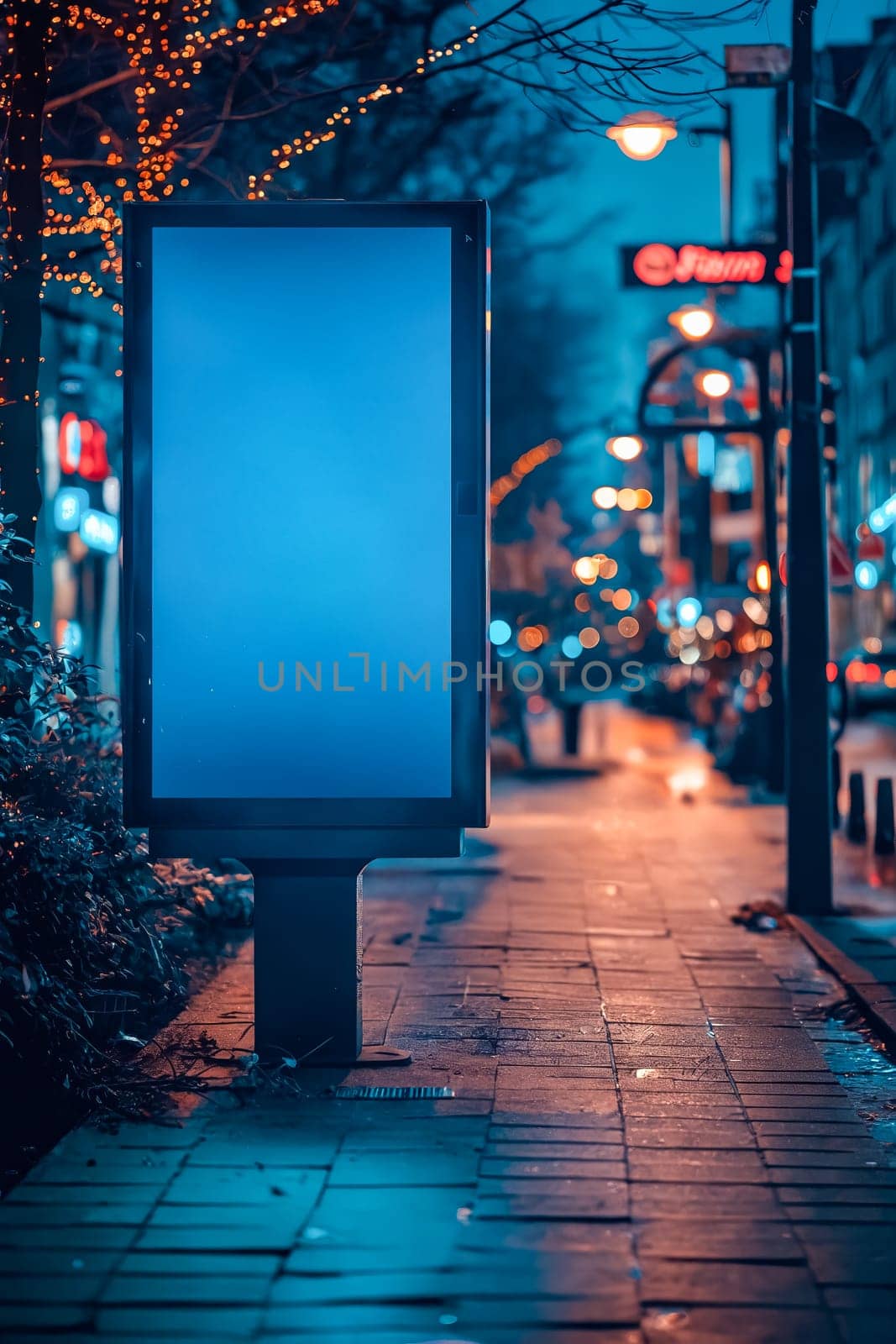 A billboard is lit up in the night, with a blue sign that is empty. The scene is set in a city street, with a few people walking by. Scene is somewhat lonely and quiet. Generative AI