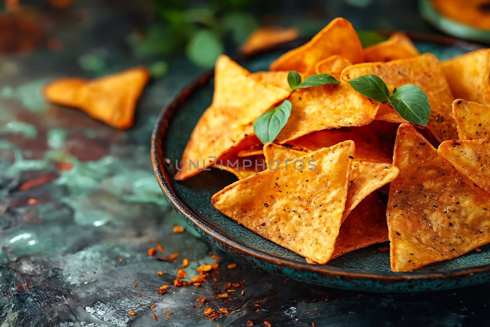 A plate of tortilla chips with a green leaf on top. The chips are arranged in a triangular pattern. Generative AI