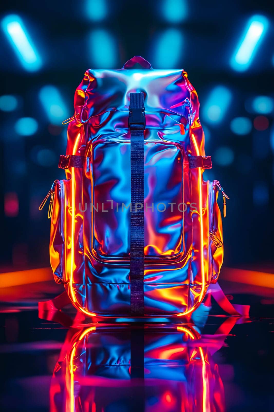 A backpack is lit up in neon colors. The backpack is sitting on a reflective surface, and the lights behind it create a surreal and futuristic atmosphere. The backpack is the main focus of the image. Generative AI