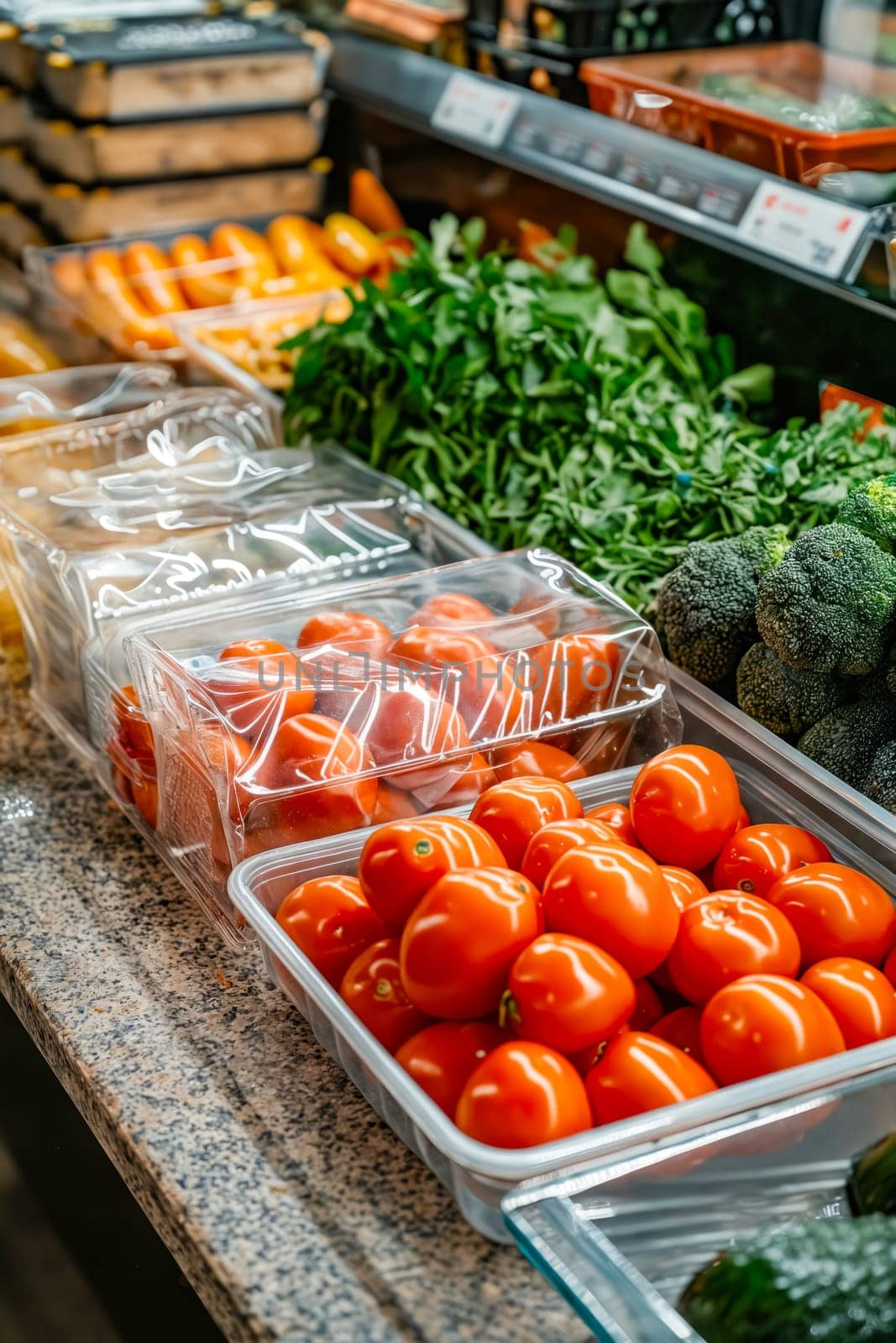 A variety of fresh produce is on display in a market, including tomatoes, broccoli, and carrots. Generative AI