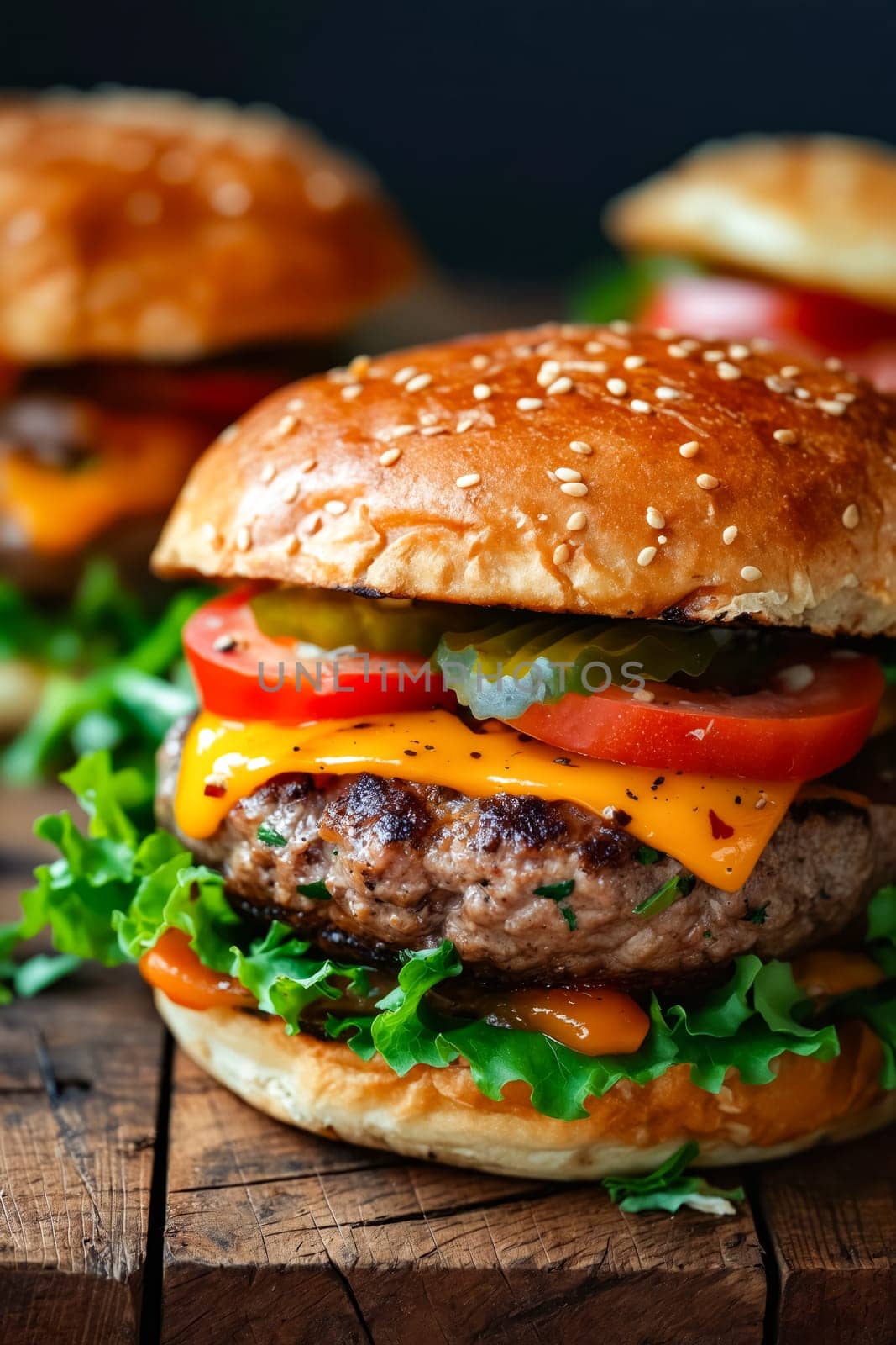 A hamburger with lettuce, tomato, and pickles on a wooden table. The burger is the main focus of the image, and the table provides a rustic and casual atmosphere. Generative AI