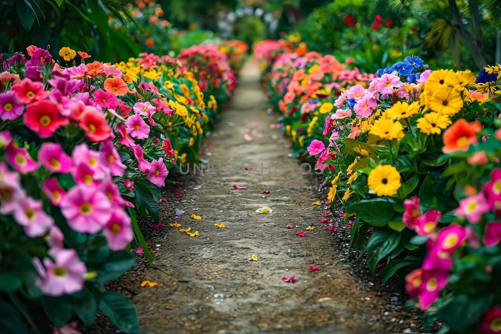 A path lined with colorful flowers leads to a garden. The flowers are in full bloom and are of various colors, including pink, yellow, and blue. The path is surrounded by bushes and trees. Generative AI