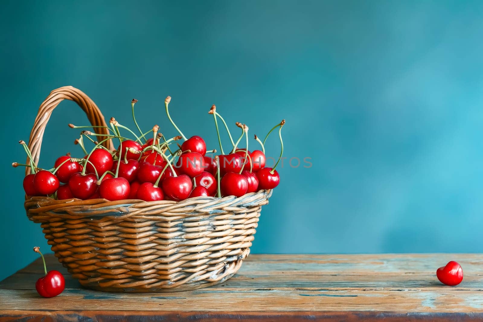A basket full of red cherries on a wooden table. The cherries are ripe and ready to be eaten. The scene is inviting. Generative AI