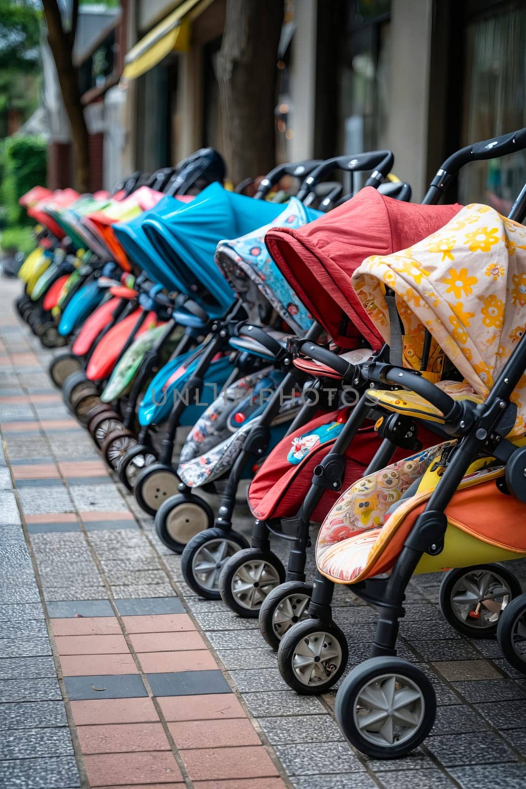 A row of colorful strollers are lined up on a sidewalk. Generative AI by Valentyn