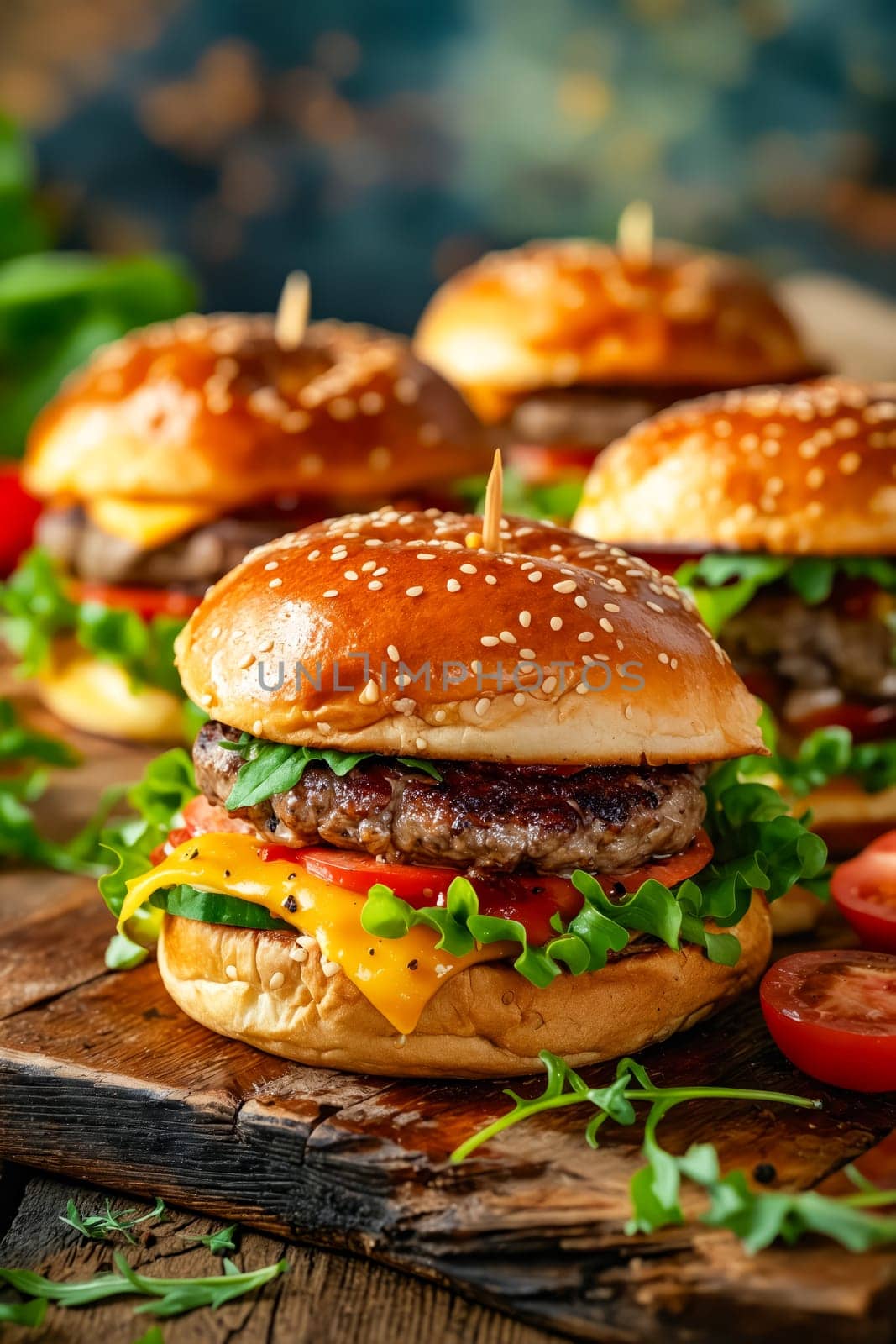 Four hamburgers with lettuce, tomato, and cheese on a wooden table. The hamburgers are topped with sesame seeds and have toothpicks in them. Generative AI