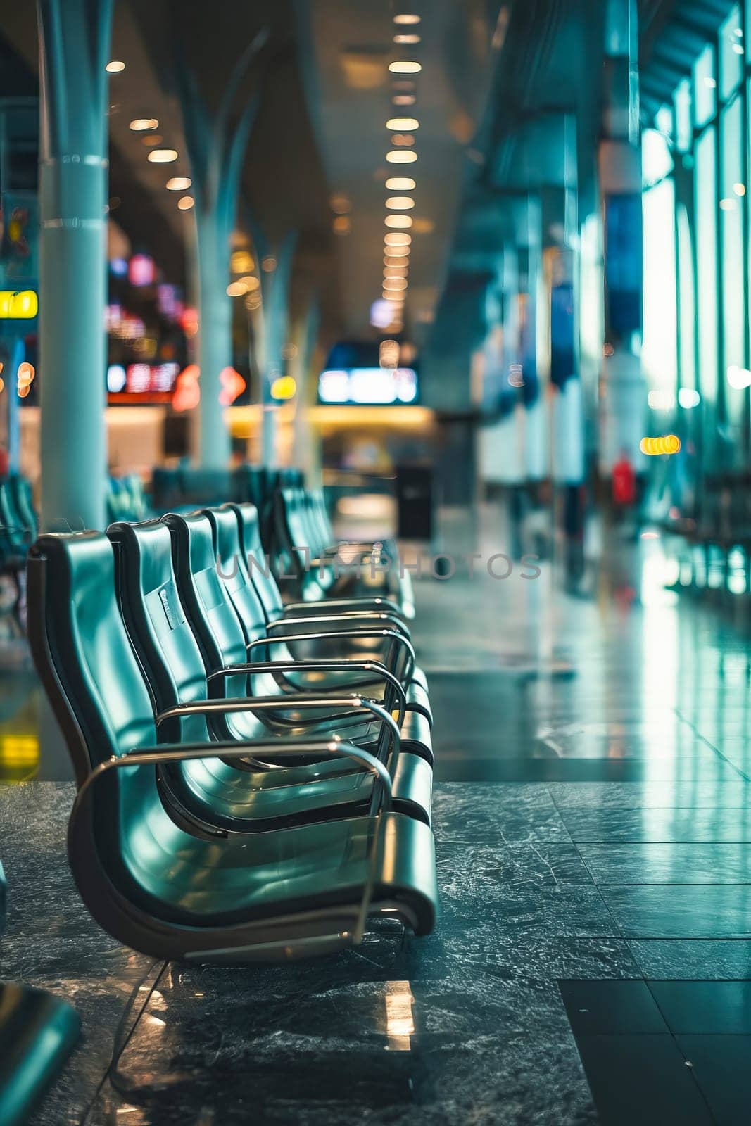 A row of chairs are empty in a large airport terminal. The chairs are arranged in a row, with some of them facing the camera and others facing away. The chairs are all the same color. Generative AI