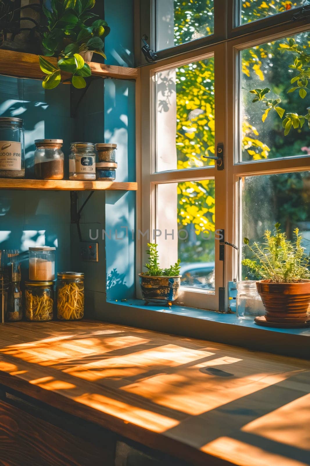 A kitchen window with a view of the outside. The window is open and the sunlight is shining through it. There are potted plants on the windowsill and a few jars on the counter. Generative AI