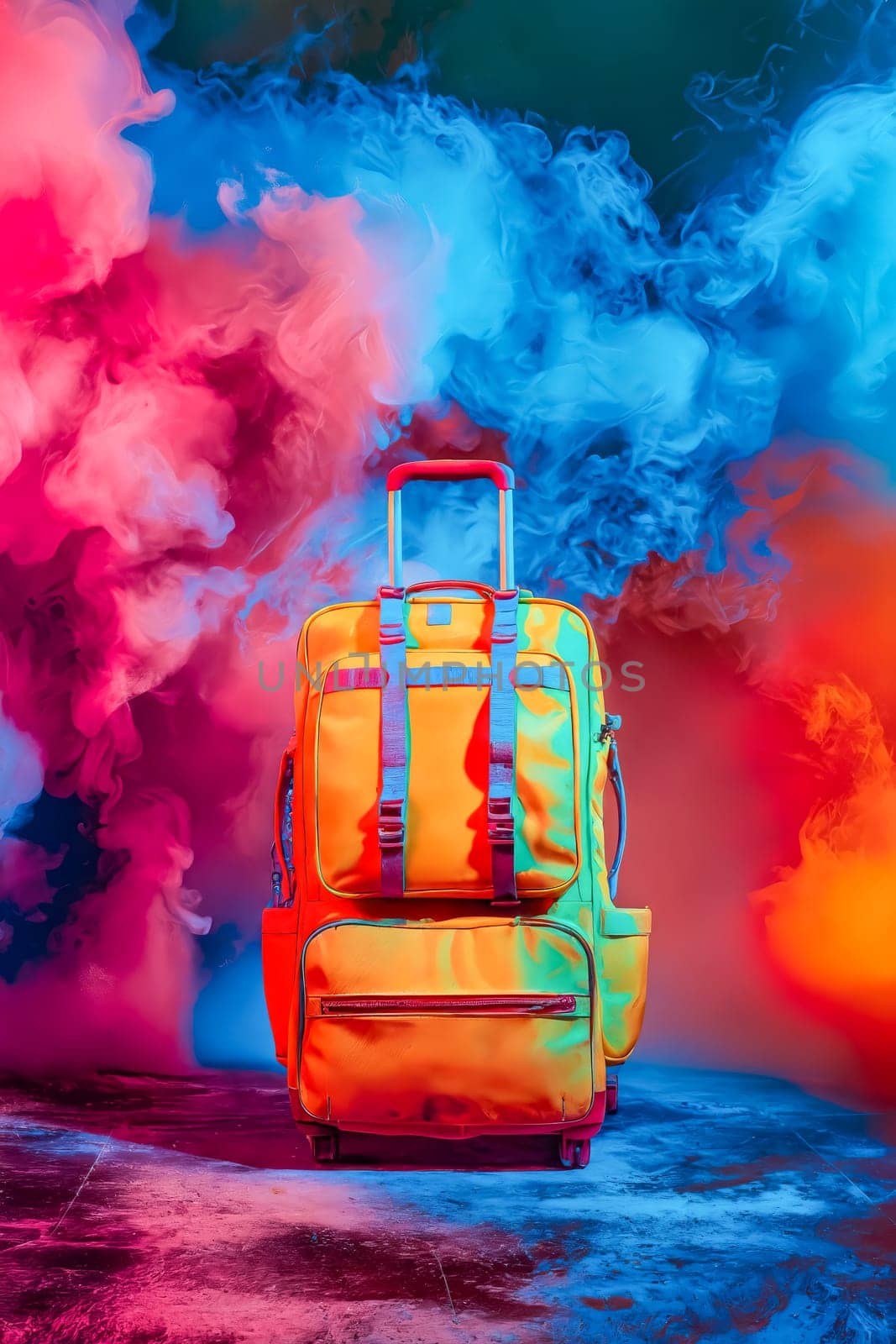 A yellow suitcase is placed in front of a colorful background with smoke. Concept of adventure and excitement, as the suitcase is ready for a journey. Generative AI
