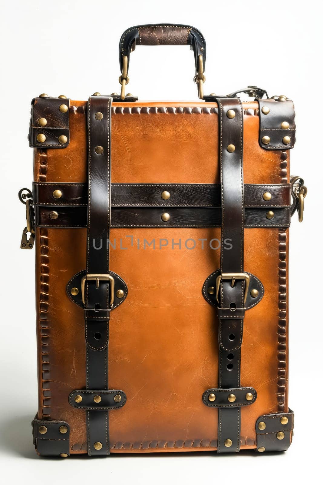 A brown leather suitcase with a gold handle. The suitcase is large and has a vintage look. Generative AI