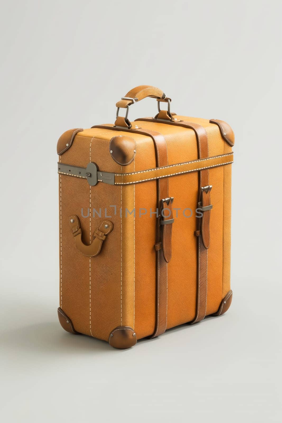A brown suitcase with a gold handle sits on a white background. The suitcase is old and has a vintage look to it. Generative AI